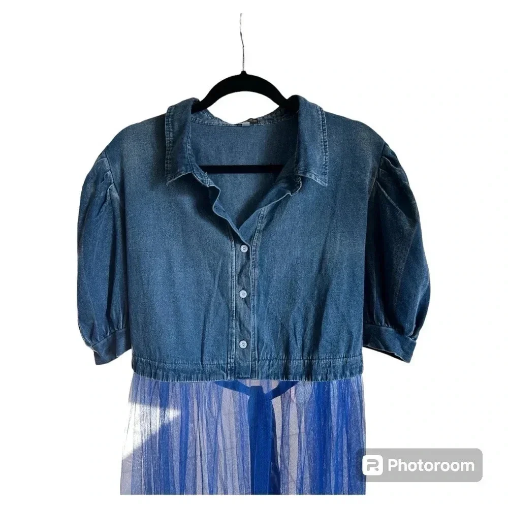 XPLUS WEAR Short Puffed Sleeves Tie Waist Tiered Tulle Hem Denim Blouse size 3XL - Picture 5 of 7